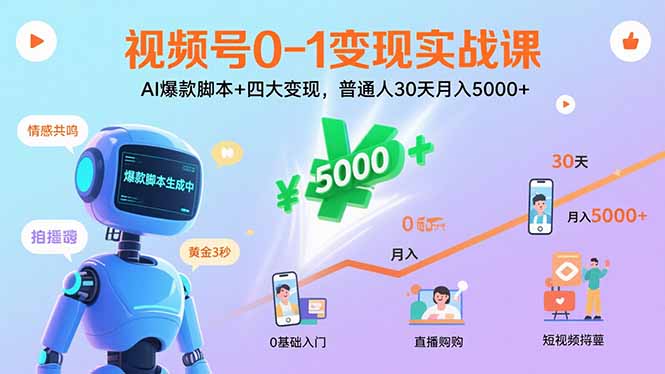 视频号0-1变现实战课：AI爆款脚本+四大变现，普通人30天月入5000+-yingqiuwz