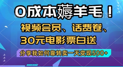 0成本薅羊毛!视频会员、话费卷、30元电影票白送，分享我如何靠转卖一天变现5张+【揭秘】-yingqiuwz