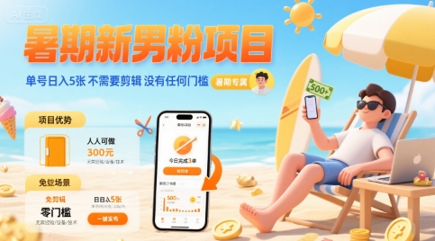暑期新男粉项目 单号日入5张 不需要剪辑  没有任何门槛-yingqiuwz