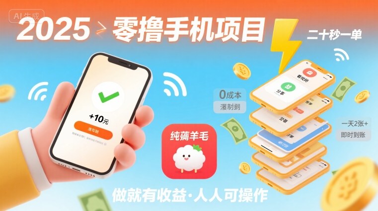 2025年零撸手机项目，二十秒一单，纯薅羊毛 一天2张+做就有-yingqiuwz