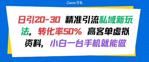日引 20-30 精准引流私域新玩法，转化率50% 高客单虚拟资料，小白一台手机就能做-yingqiuwz