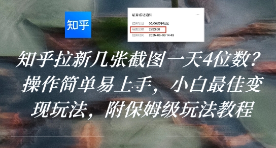 知乎拉新几张截图一天4位数？操作简单易上手，小白最佳变现玩法，附保姆级玩法教程-yingqiuwz