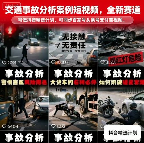 交通事故分析案例短视频，全新赛道，可做抖音精选计划，可同步百家号头条号支付宝视频号平台-yingqiuwz