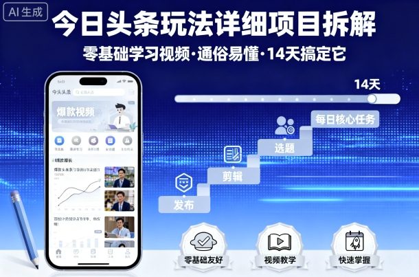今日头条玩法详细项目拆解，零基础学习视频 通俗易懂 14天搞定它-yingqiuwz