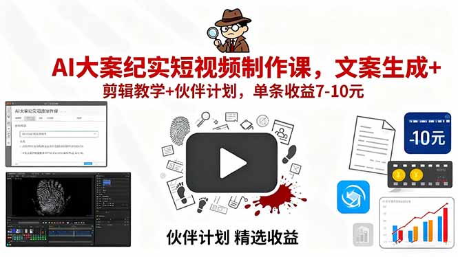 AI大案纪实短视频制作课，文案生成+剪辑教学+伙伴计划，单条收益7-10元-yingqiuwz