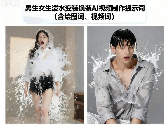 男生女生泼水变装换装AI视频制作提示词(含绘图词、视频词)-yingqiuwz