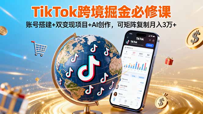 TikTo跨境掘金必修课，账号搭建+双变现项目+AI创作，可矩阵复制月入3万+-yingqiuwz