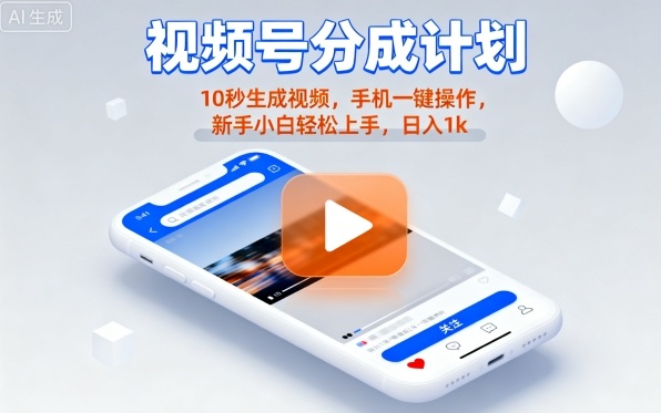 视频号分成计划懒人玩法，10秒生成视频，手机一键操作，新手小白轻松上手，日入1K【揭秘】-yingqiuwz