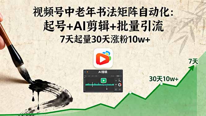 视频号中老年书法矩阵自动化：起号+AI剪辑+批量引流 7天起量30天涨粉10w+-yingqiuwz