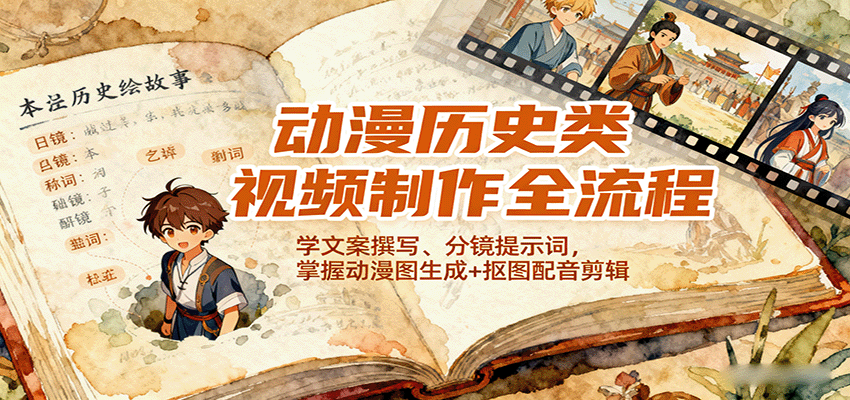 动漫历史类视频制作全流程，学文案撰写、分镜提示词，掌握动漫图生成+抠图配音剪辑-yingqiuwz