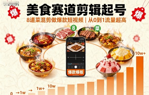 美食赛道剪辑起号，8道菜混剪做爆款短视频，从0到1，流量超高-yingqiuwz