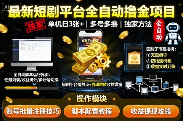 最新短剧平台全自动挂G撸金项目，单机一天3张+，多号多撸，区别于市面所有挂机项目，独家方法【揭秘】-yingqiuwz