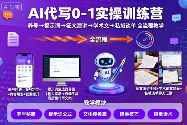 AI代写0-1实操训练营，从养号、提示词、征文演讲、学术文，到私域谈单的全流程教学-yingqiuwz