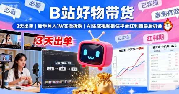 B站好物带货，3天出单，新手月入1W实操拆解，AI生成视频，抓住平台红利期最后机会-yingqiuwz