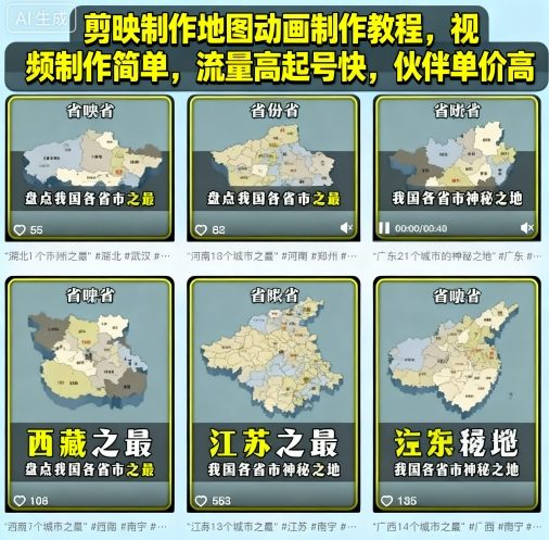 剪映制作地图动画制作教程，视频制作简单，流量高起号快，伙伴单价高-yingqiuwz