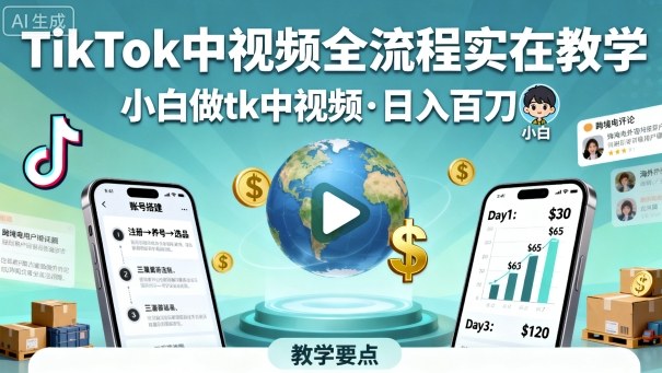 TikTok中视频全流程实操教学，小白做tk中视频，日入百刀-yingqiuwz