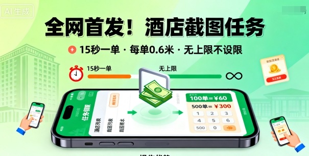 全网首发!酒店截图任务,15秒一单,每单0.6米,任务无上限不设限,矩阵操作单日3张到手【揭秘】