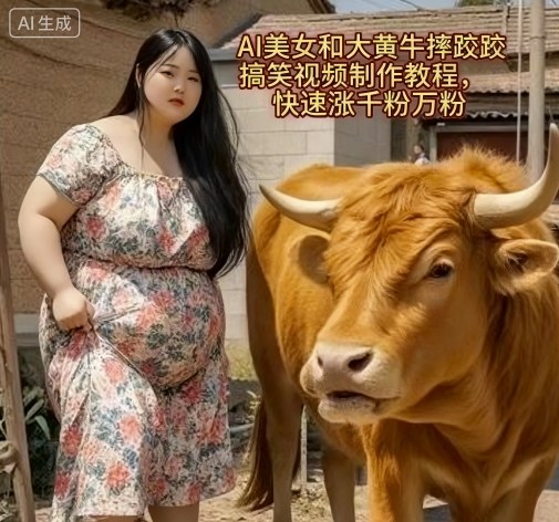 AI美女和大黄牛摔跤搞笑荒诞视频制作教程，快速涨千粉万粉-yingqiuwz