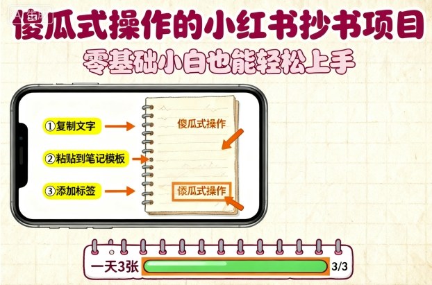 傻瓜式操作的小红书抄书项目，会复制粘贴就行，零基础小白也能一天3张-yingqiuwz